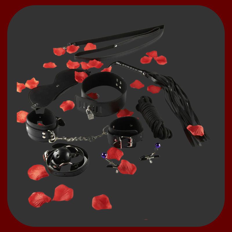 Luxusní BDSM sada Amazing Bondage 7 ks s pouty, bičem, obojkem a dalšími doplňky v černé a červené barvě