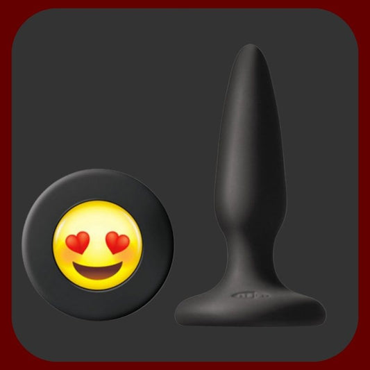 Elegantní anální kolík z lékařského silikonu s ILY emoji na základně, 8,5 cm dlouhý a 2 cm široký, vhodný pro začátečníky, v černé a růžové barvě.