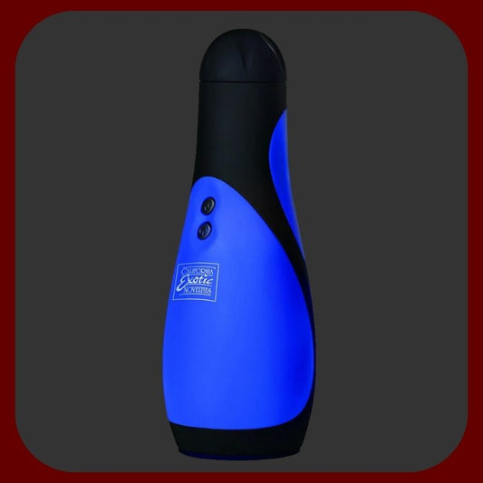 Automatický masturbátor Apollo Power Stroker Blu s realistickým měkkým vnitřkem z TPR, 30 vibračními režimy a moderním modro-černým designem.