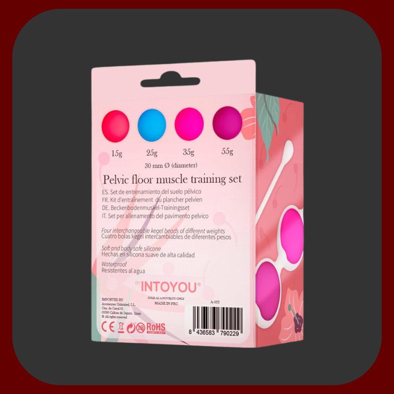 Erosiana Adalet Kegel Balls – sada 4 silikonových kegelových koulí (15 g, 25 g, 35 g, 55 g) o průměru 30 mm pro postupné posilování pánevního dna, vodotěsné provedení s úložnou krabičkou