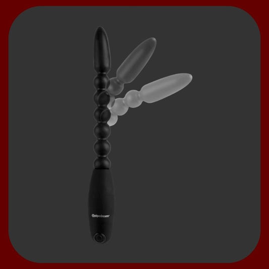 Ohebný vibrační anální stimulátor FLEXA s 6 kuličkami, černý, 18 cm dlouhý, vyrobený z měkkého TPR silikonu.