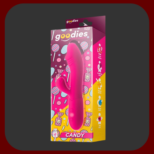 Růžový králičí vibrátor Candy Bliss z měkkého silikonu, délka 18,5 cm, určený k dvojité stimulaci bodu G a klitorisu s 10 vibračními režimy.