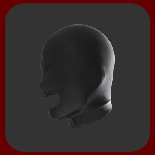 Černá BDSM kukla z elastického spandexového latexu s otvorem na ústech, ideální pro dominanci a submisivní hry.