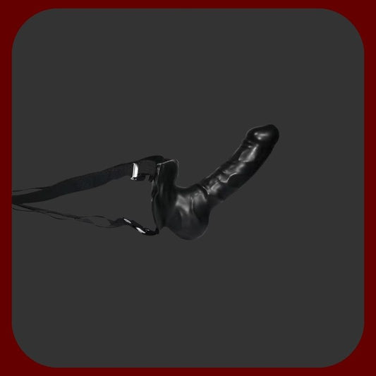 Nositelný černý strap-on pro ženy s realistickými varlaty a žilkami, délka 19 cm, průměr 3,5 cm, s nastavitelným elastickým popruhem