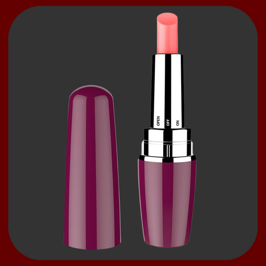 Diskrétní vibrátor Secret Kiss ve tvaru rtěnky, ve fialové a černé barvě, ideální pro klitorální stimulaci, délka 9,5 cm, průměr 2,6 cm.