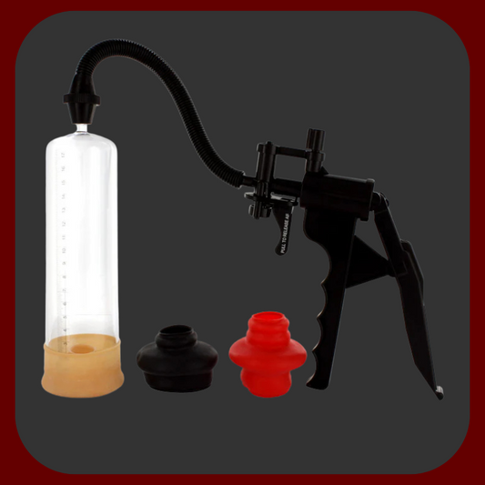 Ruční vakuová pumpa The Ultimate Power s třemi silikonovými erekčními kroužky, průhledná s černou pistolovou rukojetí, 20 x 5 cm.