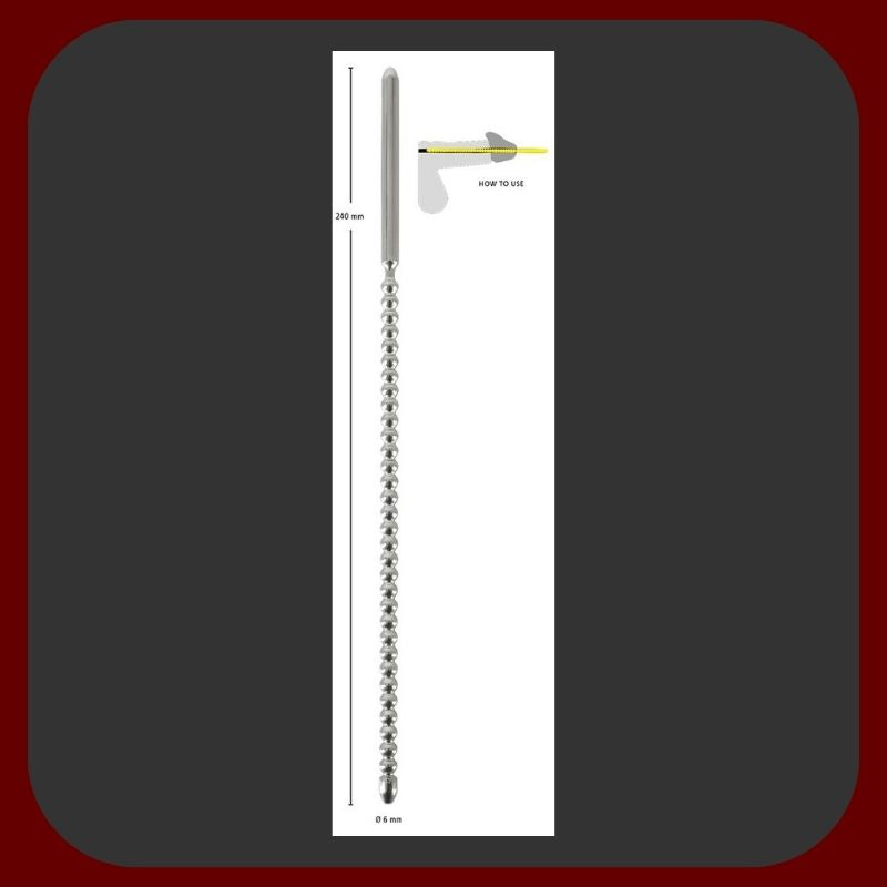 Uretrální sonda z chirurgické oceli stříbrné barvy, průměr 6 mm, délka 24 cm, pro bezpečnou a precizní stimulaci močové trubice – EROSIANA