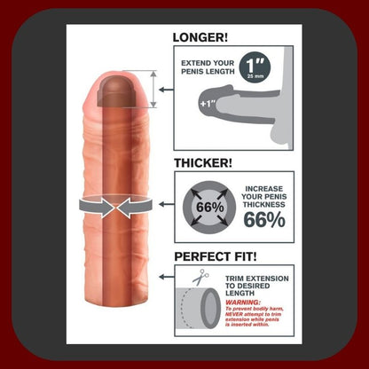 Návlek MEGA 1 na penis – prodlužuje délku o 2,5 cm, zvětšuje průměr až o 2 cm, realistický materiál FantaFlesh, tělová barva.