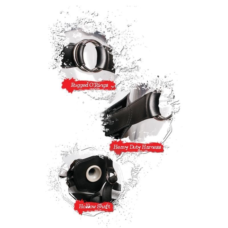 Erosiana Fetish Fantasy Extreme Hollow Strap-On – robustní strap-on s dutým dildem, nastavitelným koženým postrojem a kovovým kroužkem pro stabilní a intenzivní párovou stimulaci, odolné a pohodlné provedení.