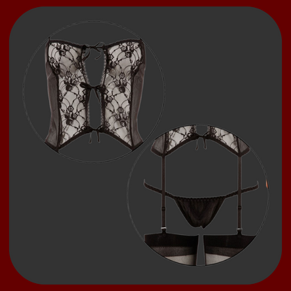 3dílná černá sada obsahující kalhotky, podvazky a košilku v černé barvě, vhodná pro velikosti S - L.