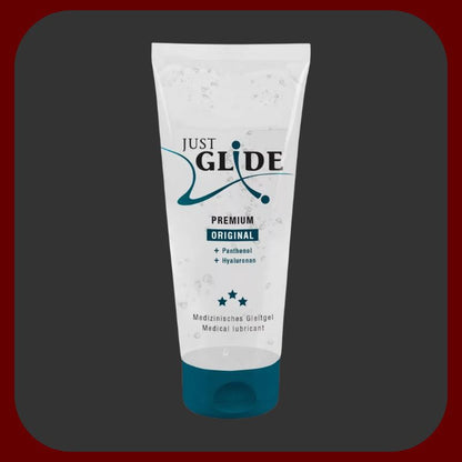 Intimní lubrikant Just Glide Premium na vodní bázi s kyselinou hyaluronovou, 200 ml, veganský a dermatologicky testovaný.
