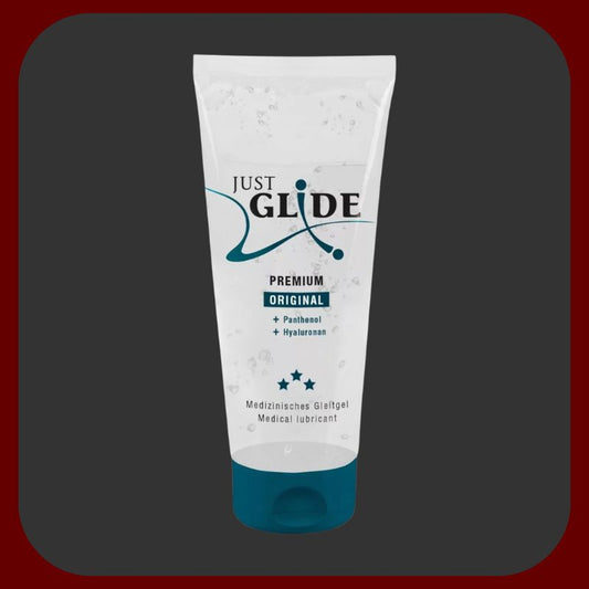 Intimní lubrikant Just Glide Premium na vodní bázi s kyselinou hyaluronovou, 200 ml, veganský a dermatologicky testovaný.