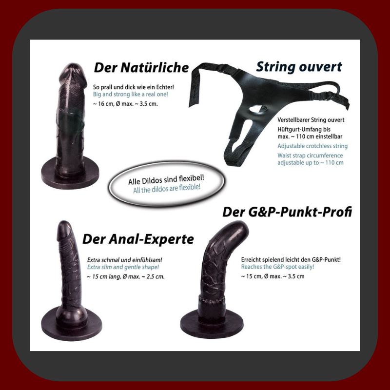 3dílná sada dild Strap-On s postrojem, černý nastavitelný postroj, tři různá dilda, unisex erotická pomůcka pro ženy a páry.