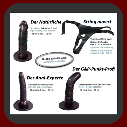 3dílná sada dild Strap-On s postrojem, černý nastavitelný postroj, tři různá dilda, unisex erotická pomůcka pro ženy a páry.