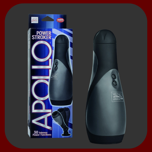 APOLLO Power Stroker – černý automatický masturbátor pro muže, 30 vibračních funkcí, měkký TPR materiál, realistický pocit.
