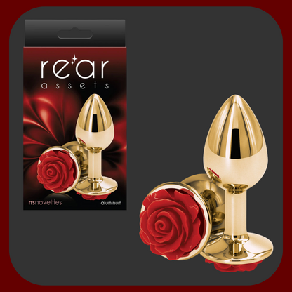 Luxusní anální kolík ze zlatého hliníku s červeným drahokamem ve tvaru růže
