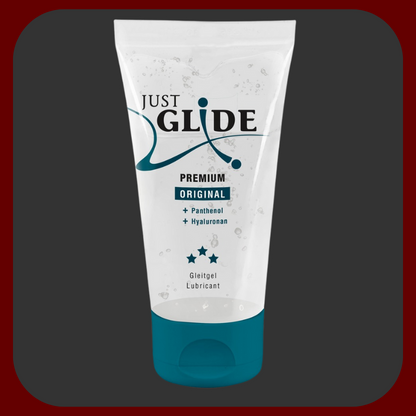Just Glide Premium: veganský lubrikant s kyselinou hyaluronovou, ideální pro citlivou pokožku. Extra hladký skluz, kompatibilní s kondomy i hračkami.