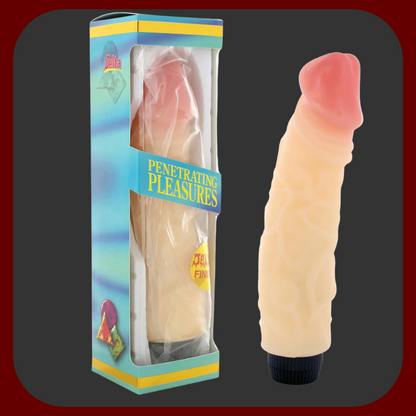 "Realistický gumový vibrátor s nastavitelnými vibracemi pro ženy – tělová barva, 25 cm dlouhý."