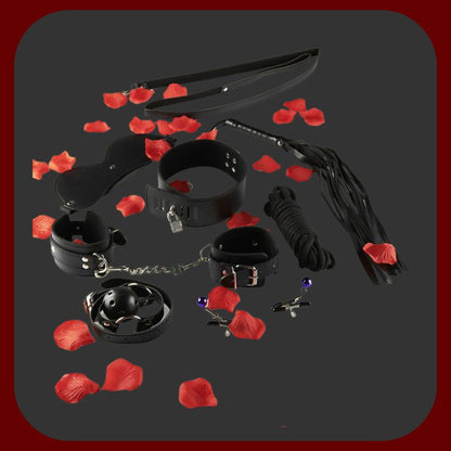 Luxusní BDSM sada Amazing Bondage 7 ks s pouty, bičem, obojkem a dalšími doplňky v černé a červené barvě