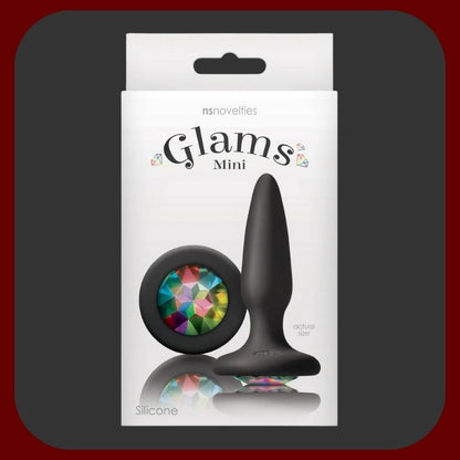 Černý anální kolík z prémiového hladkého silikonu s duhovým drahokamem na základně, ergonomický tvar, délka 8,5 cm, vhodný pro začátečníky i pokročilé.