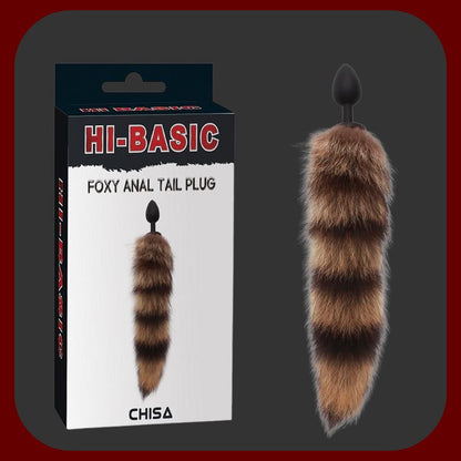 Černý silikonový anální kolík s měkkým liščím ocasem z umělé kožešiny, délka kolíku 7 cm, ocas 27 cm, ideální pro erotické hry.