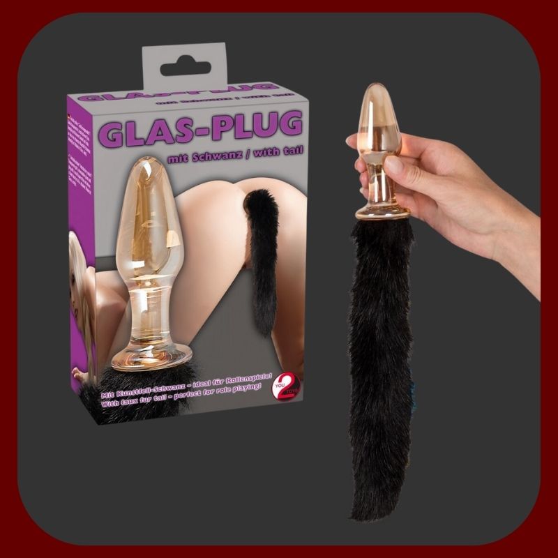 Anální kolík Coda s liščím ocasem z nerozbitného Cristall Pyrex skla, délka 12 cm, průměr 3,8 cm, oranžovo-hnědý ocas, výrobce Close2you