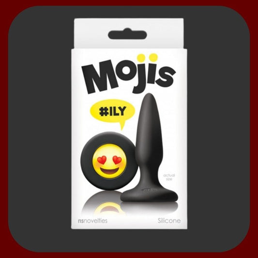 Elegantní anální kolík z lékařského silikonu s ILY emoji na základně, 8,5 cm dlouhý a 2 cm široký, vhodný pro začátečníky, v černé a růžové barvě.