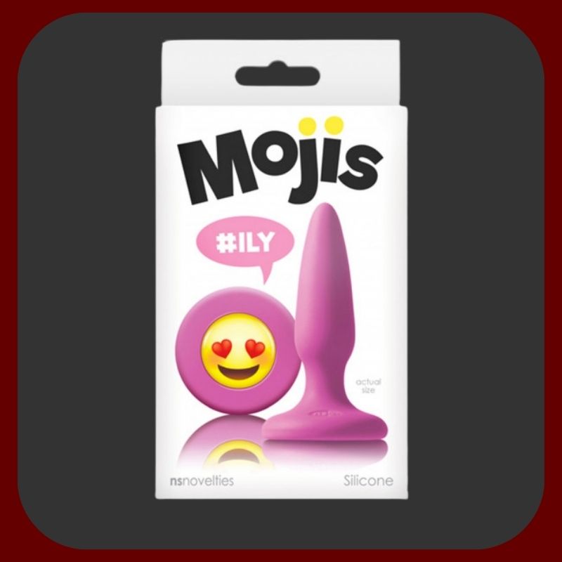 Elegantní anální kolík z lékařského silikonu s ILY emoji na základně, 8,5 cm dlouhý a 2 cm široký, vhodný pro začátečníky, v černé a růžové barvě.