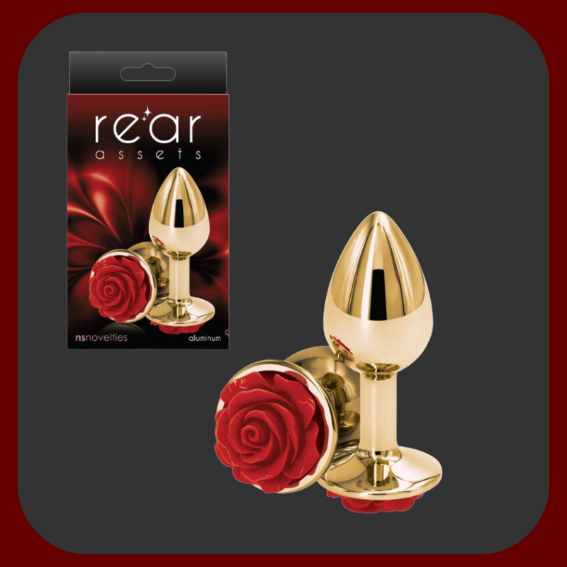 Luxusní anální kolík ze zlatého hliníku s červeným drahokamem ve tvaru růže, vhodný pro smyslnou a elegantní intimní stimulaci.