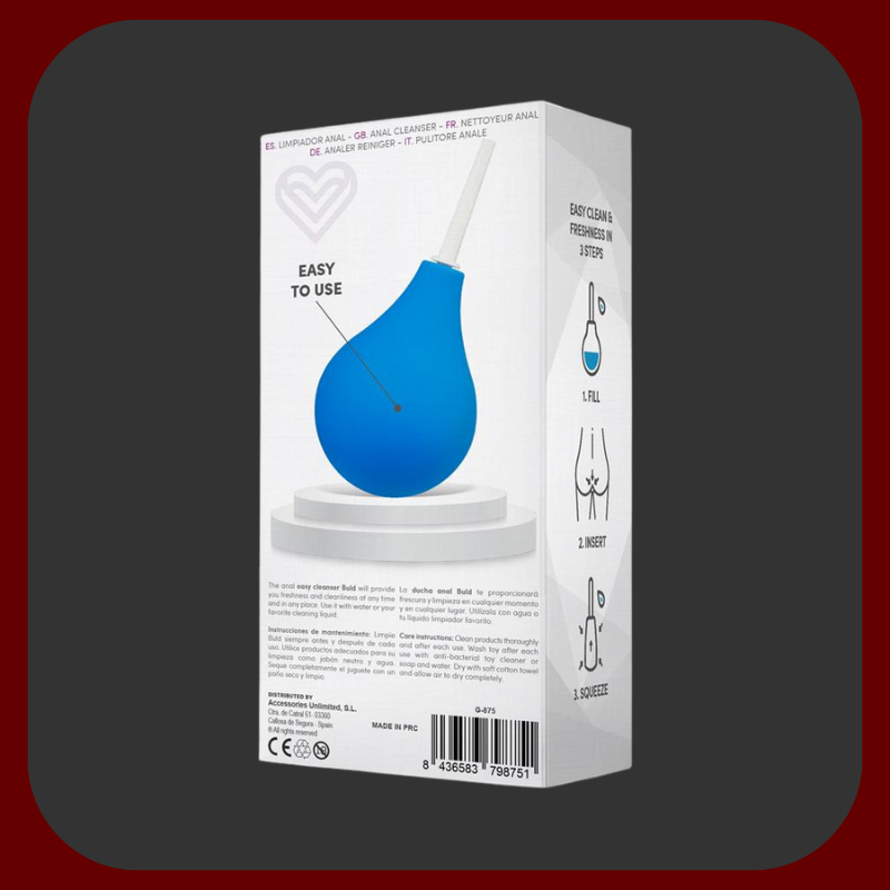 Světle modrý anální a vaginální klystýr o objemu 150 ml z kvalitního ABS plastu pro bezpečnou a efektivní intimní hygienu.