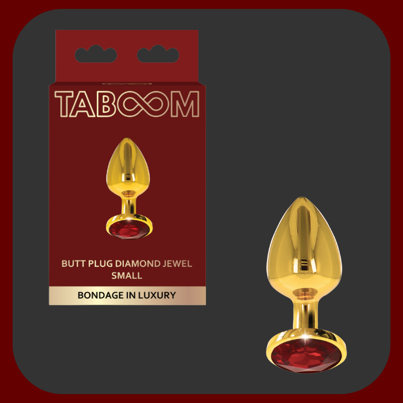 Zlatý anální kolík s červeným drahokamem na základně – elegantní erotická pomůcka v luxusním provedení, dostupná ve třech velikostech.