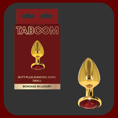 Zlatý anální kolík s červeným drahokamem na základně – elegantní erotická pomůcka v luxusním provedení, dostupná ve třech velikostech.