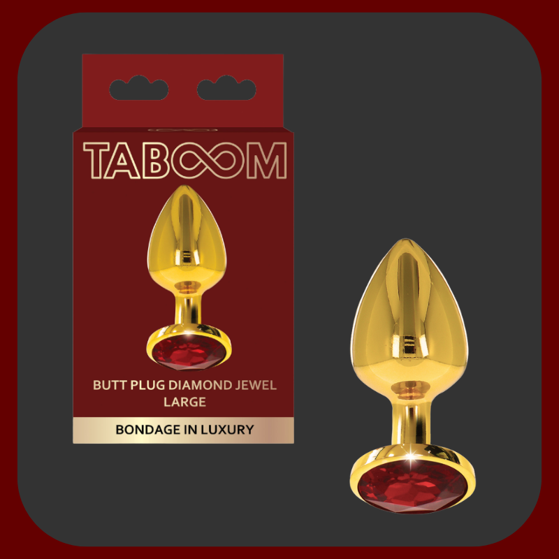 Zlatý anální kolík s červeným drahokamem na základně – elegantní erotická pomůcka v luxusním provedení, dostupná ve třech velikostech.