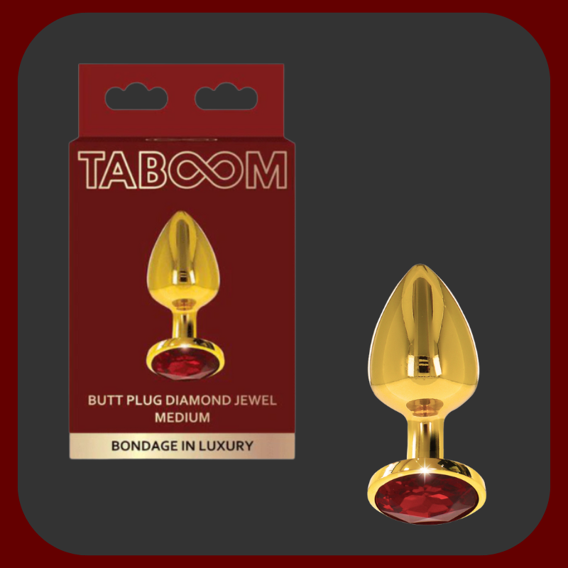Zlatý anální kolík s červeným drahokamem na základně – elegantní erotická pomůcka v luxusním provedení, dostupná ve třech velikostech.