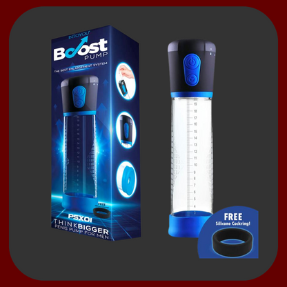 Automatická priehľadná penis pumpa PSX01 s modrým silikónovým krúžkom a ovládacími tlačidlami, dĺžka 29 cm, priemer 6 cm.