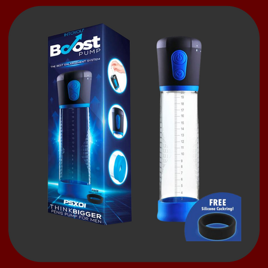 Automatická priehľadná penis pumpa PSX01 s modrým silikónovým krúžkom a ovládacími tlačidlami, dĺžka 29 cm, priemer 6 cm.