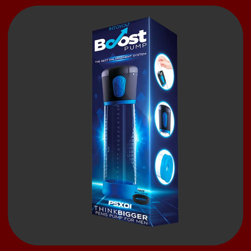 Automatická priehľadná penis pumpa PSX01 s modrým silikónovým krúžkom a ovládacími tlačidlami, dĺžka 29 cm, priemer 6 cm.