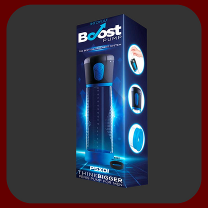 Automatická priehľadná penis pumpa PSX01 s modrým silikónovým krúžkom a ovládacími tlačidlami, dĺžka 29 cm, priemer 6 cm.