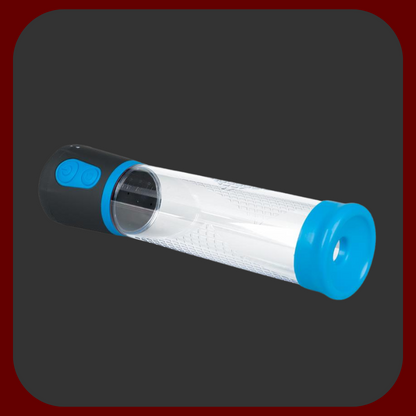 Automatická priehľadná penis pumpa PSX01 s modrým silikónovým krúžkom a ovládacími tlačidlami, dĺžka 29 cm, priemer 6 cm.