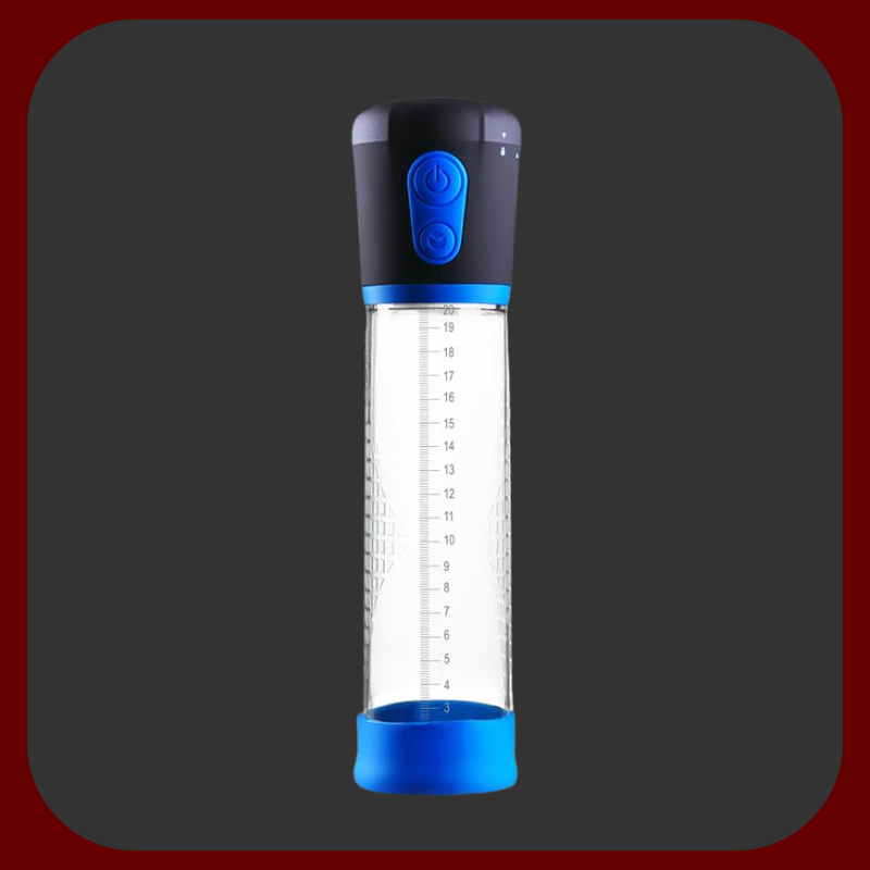 Automatická priehľadná penis pumpa PSX01 s modrým silikónovým krúžkom a ovládacími tlačidlami, dĺžka 29 cm, priemer 6 cm.