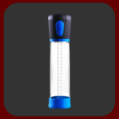 Automatická priehľadná penis pumpa PSX01 s modrým silikónovým krúžkom a ovládacími tlačidlami, dĺžka 29 cm, priemer 6 cm.