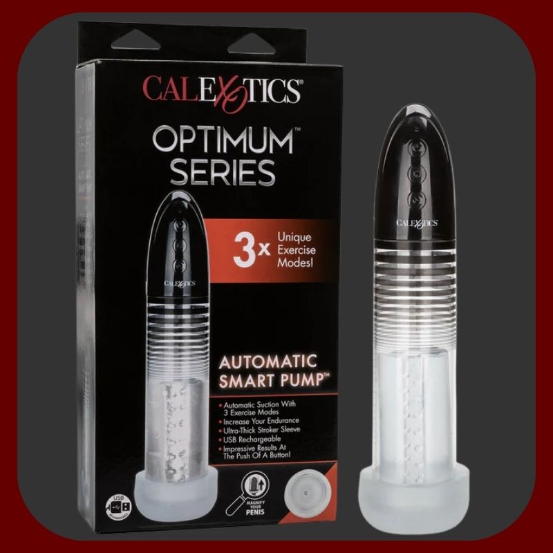 Automatická penisová pumpa Optimum™ s realistickým rukávem Fanta Flesh, černý průhledný design, dotykové ovládání, USB nabíjení, délka 21 cm, průměr 6,5 cm.