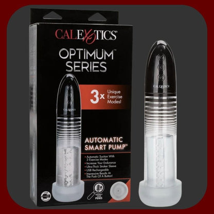 Automatická penisová pumpa Optimum™ s realistickým rukávem Fanta Flesh, černý průhledný design, dotykové ovládání, USB nabíjení, délka 21 cm, průměr 6,5 cm.