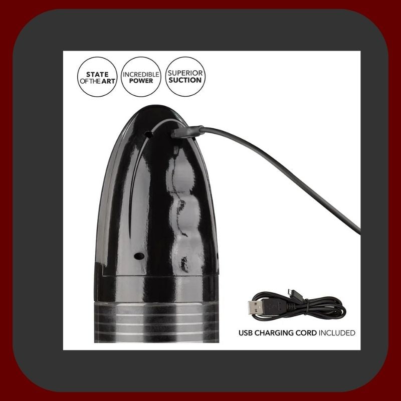 Automatická penisová pumpa Optimum™ s realistickým rukávem Fanta Flesh, černý průhledný design, dotykové ovládání, USB nabíjení, délka 21 cm, průměr 6,5 cm.