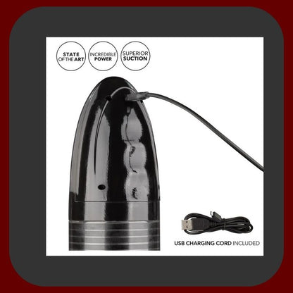 Automatická penisová pumpa Optimum™ s realistickým rukávem Fanta Flesh, černý průhledný design, dotykové ovládání, USB nabíjení, délka 21 cm, průměr 6,5 cm.