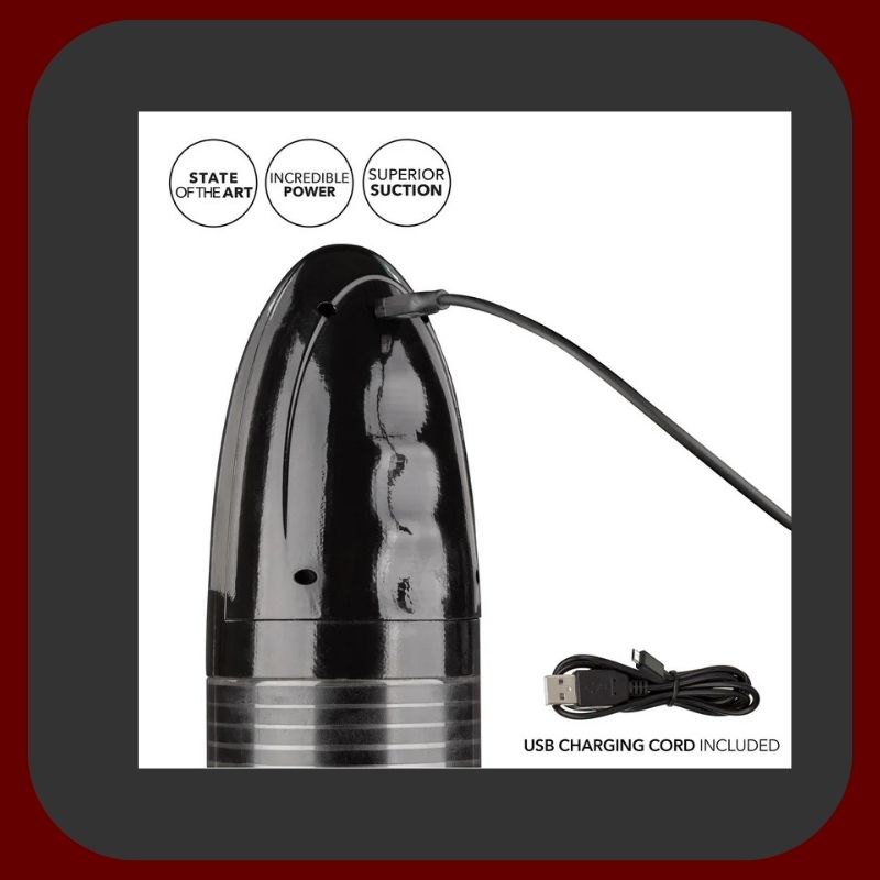 Automatická penisová pumpa Optimum™ s realistickým rukávem Fanta Flesh, černý průhledný design, dotykové ovládání, USB nabíjení, délka 21 cm, průměr 6,5 cm.