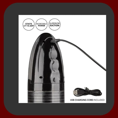 Automatická penisová pumpa Optimum™ s realistickým rukávem Fanta Flesh, černý průhledný design, dotykové ovládání, USB nabíjení, délka 21 cm, průměr 6,5 cm.