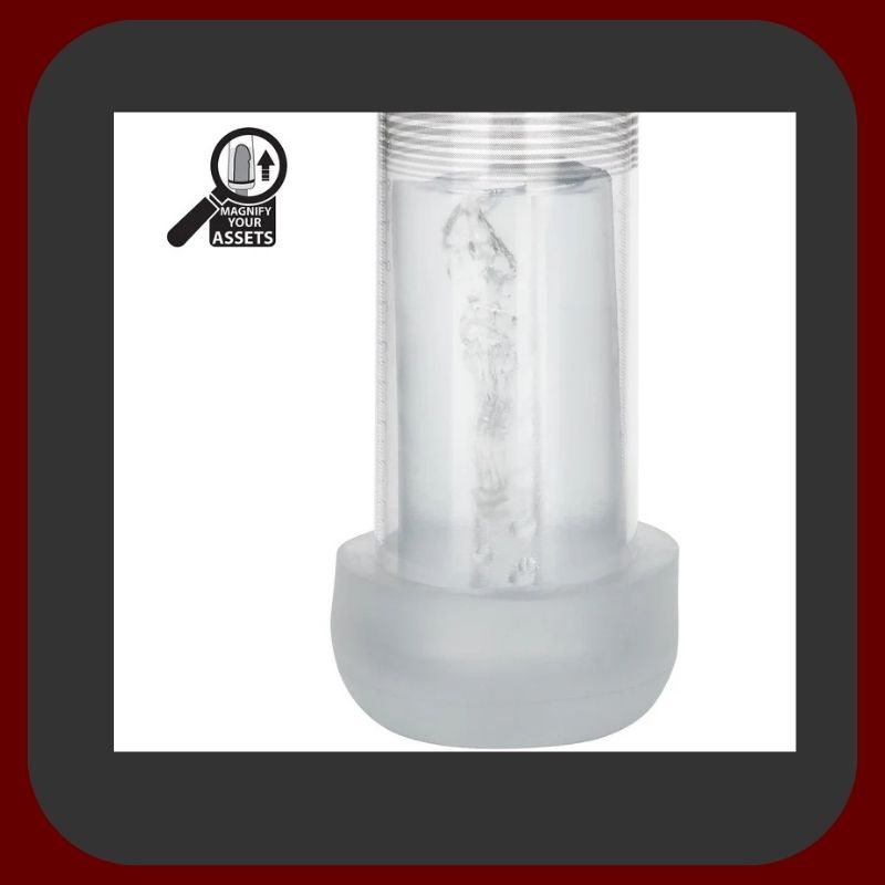 Automatická penisová pumpa Optimum™ s realistickým rukávem Fanta Flesh, černý průhledný design, dotykové ovládání, USB nabíjení, délka 21 cm, průměr 6,5 cm.