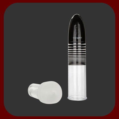 Automatická penisová pumpa Optimum™ s realistickým rukávem Fanta Flesh, černý průhledný design, dotykové ovládání, USB nabíjení, délka 21 cm, průměr 6,5 cm.