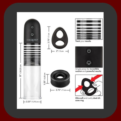 Automatická pumpa na penis CalExotics s USB dobíjením, silikonovým návlekem a dvojitým kroužkem v černé a průhledné barvě.
